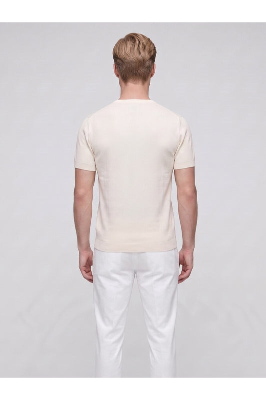 Erkek Bisiklet Yaka Kısa Kollu Triko Tişört – Slim Fit Modern Kesim Yazlık T-Shirt - Bej