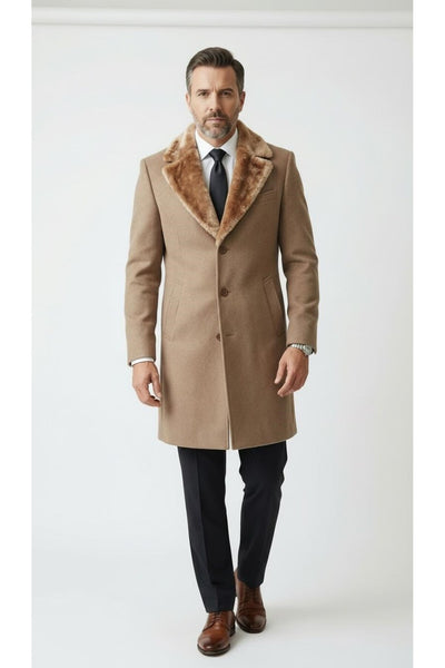 Erkek Uzun Kaşe Kaban Palto Mont– Çıkartılabilir Kürk Yaka, Astarlı ve Cepli Slim Fit - Bej