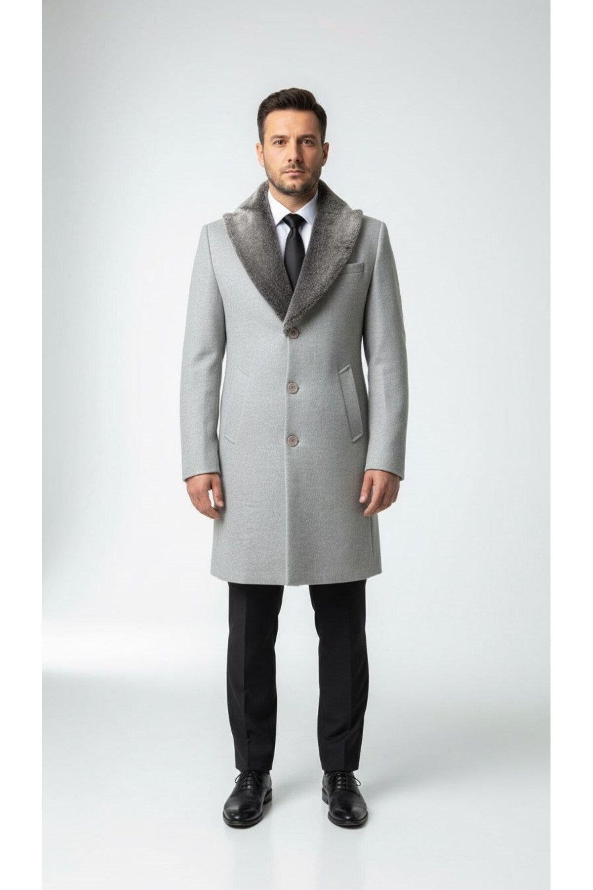Erkek Uzun Kaşe Kaban – Çıkartılabilir Kürk Yaka, Astarlı ve Cepli Slim Fit Mont (Bej, - Gri