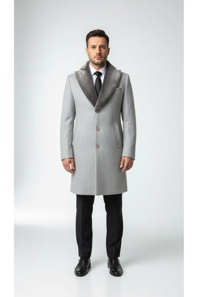 Erkek Uzun Kaşe Kaban – Çıkartılabilir Kürk Yaka, Astarlı ve Cepli Slim Fit Mont (Bej, - Gri