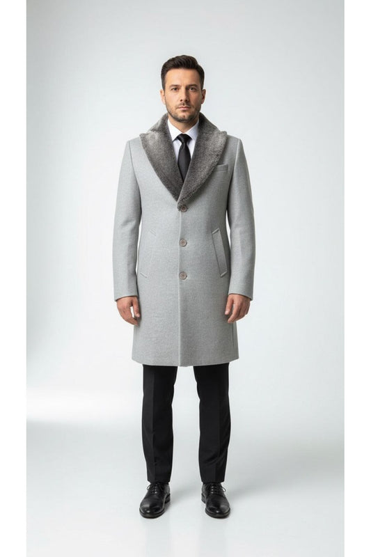 Erkek Uzun Kaşe Kaban – Çıkartılabilir Kürk Yaka, Astarlı ve Cepli Slim Fit Mont (Bej, - Gri