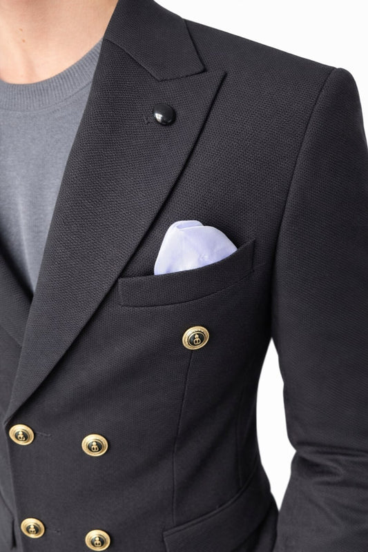Erkek Kruvaze Gold Düğmeli Dokulu Likralı Kumaş Blazer Ceket – Modern Kesim Şık Tasarım - Siyah