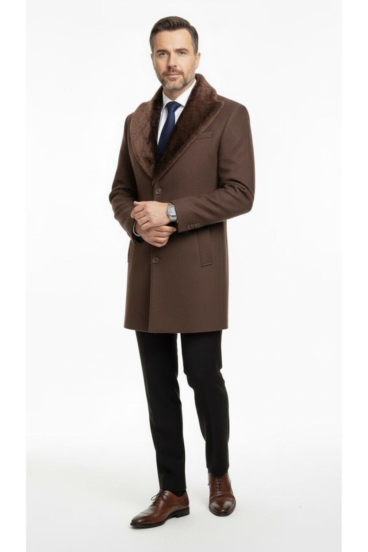 Erkek Uzun Kaşe Kaban Palto Mont– Çıkartılabilir Kürk Yaka, Astarlı ve Cepli Slim Fit - Kahverengi