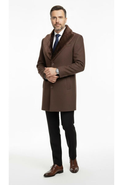 Erkek Uzun Kaşe Kaban Palto Mont– Çıkartılabilir Kürk Yaka, Astarlı ve Cepli Slim Fit - Kahverengi