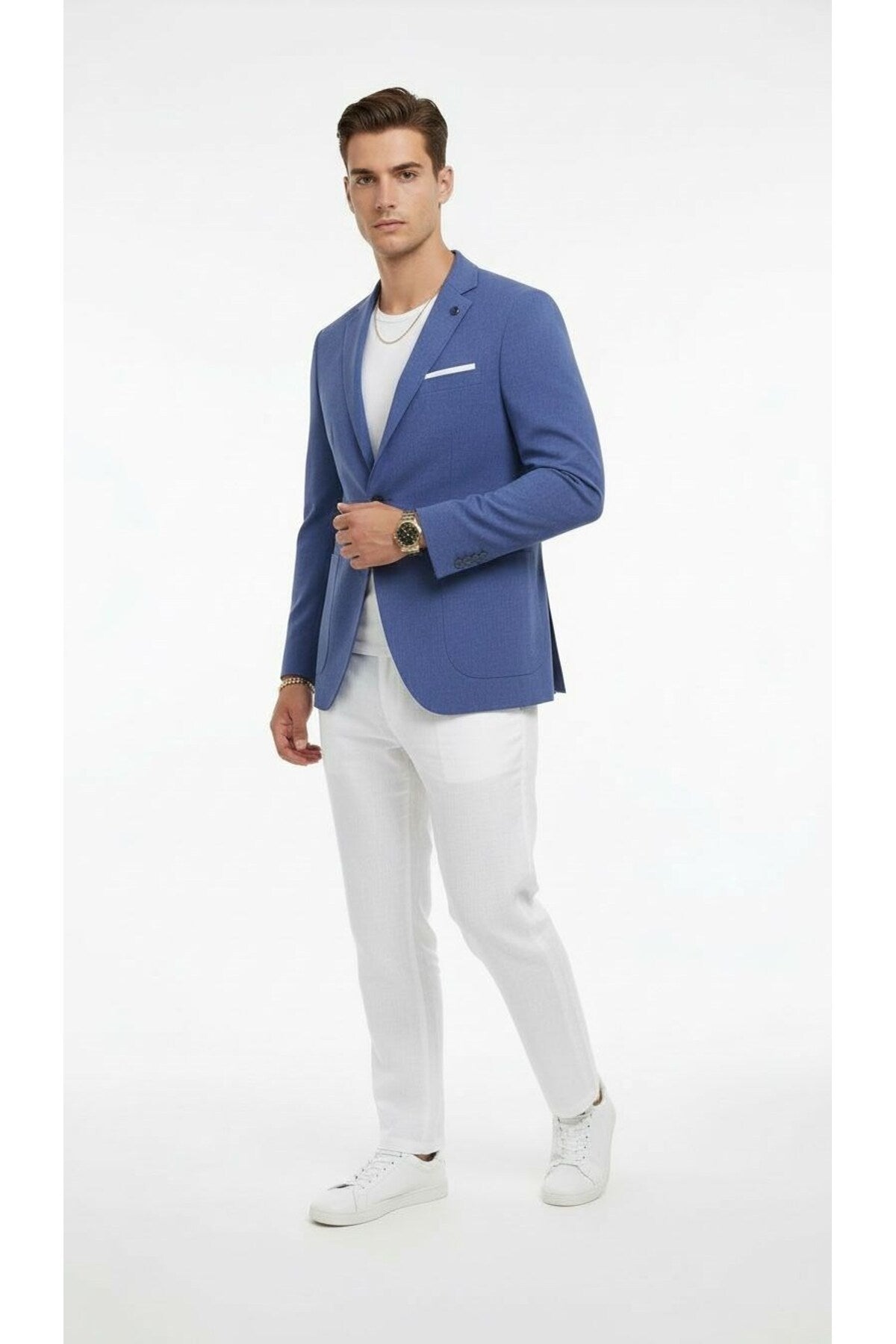 Erkek Slim Fit Blazer Ceket Tek Düğmeli Çift Yırtmaçlı Torba Cepli Yarım Astarlı - Mavi