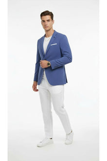 Erkek Slim Fit Blazer Ceket Tek Düğmeli Çift Yırtmaçlı Torba Cepli Yarım Astarlı - Mavi