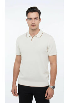 Erkek Pike Dokulu Triko Polo Yaka Tişört Slim Fit Şerit Detaylı Yazlık Model - Bej