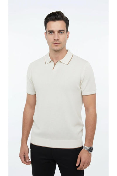 Erkek Pike Dokulu Triko Polo Yaka Tişört Slim Fit Şerit Detaylı Yazlık Model - Bej