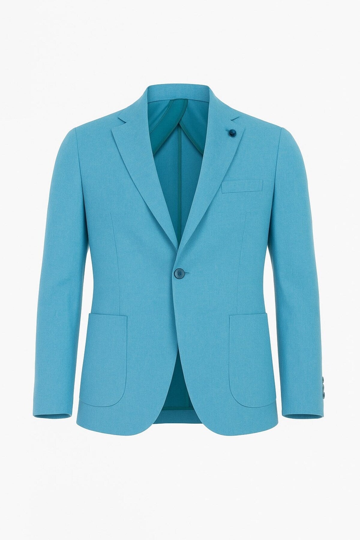 Erkek Slim Fit Blazer Ceket Tek Düğmeli Çift Yırtmaçlı Torba Cepli Yarım Astarlı - Turkuaz