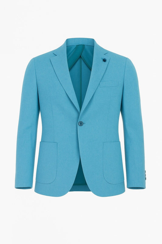 Erkek Slim Fit Blazer Ceket Tek Düğmeli Çift Yırtmaçlı Torba Cepli Yarım Astarlı - Turkuaz
