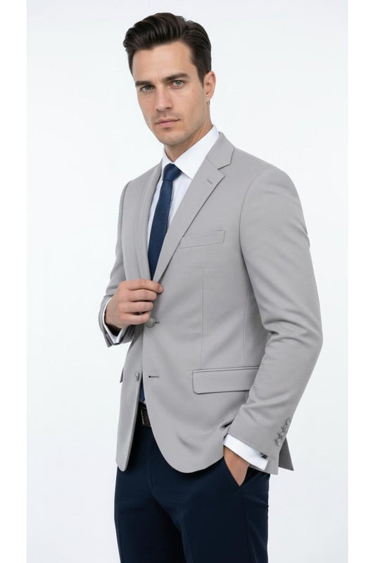Slim Fit Mikro Desenli Erkek Ceket Yazlık Pike Kumaş Çift Yırtmaç Blazer - Gri