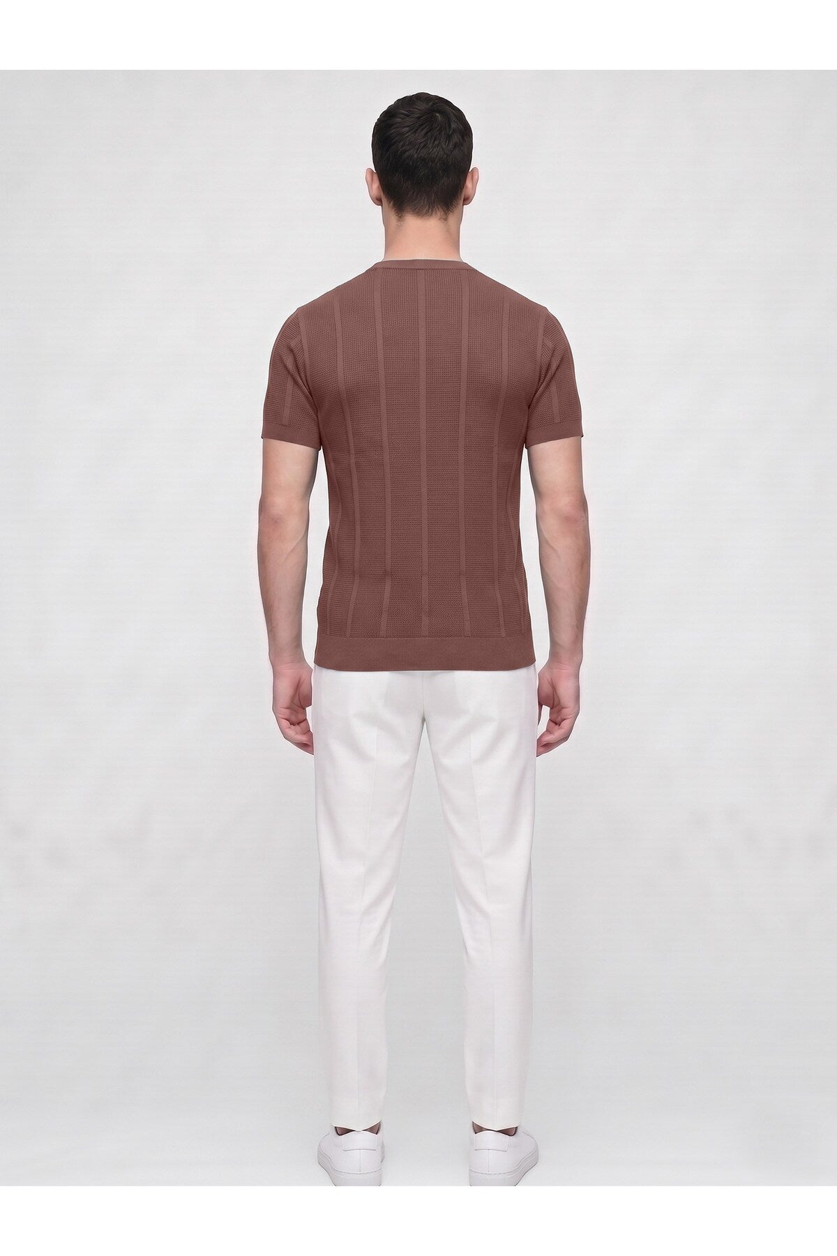 Erkek Bisiklet Yaka Kısa Kollu Triko Tişört – Dokulu Örgü Modern Kesim Yazlık T-Shirt - Kahverengi