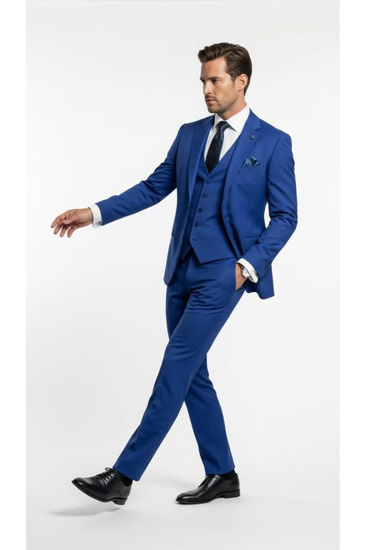 Erkek 3 Parça Slim Fit Takım Elbise –Klasik Likralı Kumaş, Tek Düğme, Çift Yırtmaçlı Modern Kesim ( - Mavi