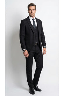 Erkek Klasik Slim Fit Armürlü Kumaş Tek Düğmeli Çift Yırtmaçlı Klasik Yaka Takım Elbise 7 Drop - Siyah