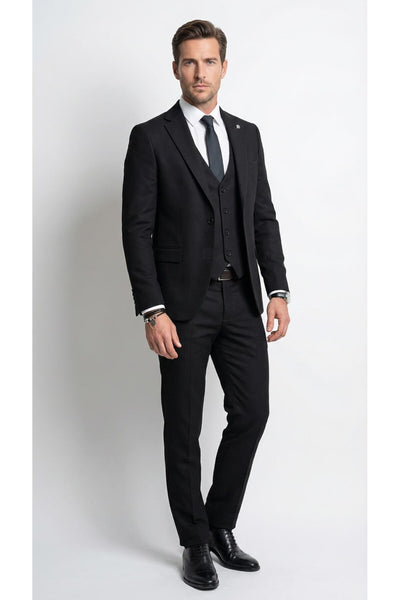 Erkek Klasik Slim Fit Armürlü Kumaş Tek Düğmeli Çift Yırtmaçlı Klasik Yaka Takım Elbise 7 Drop - Siyah