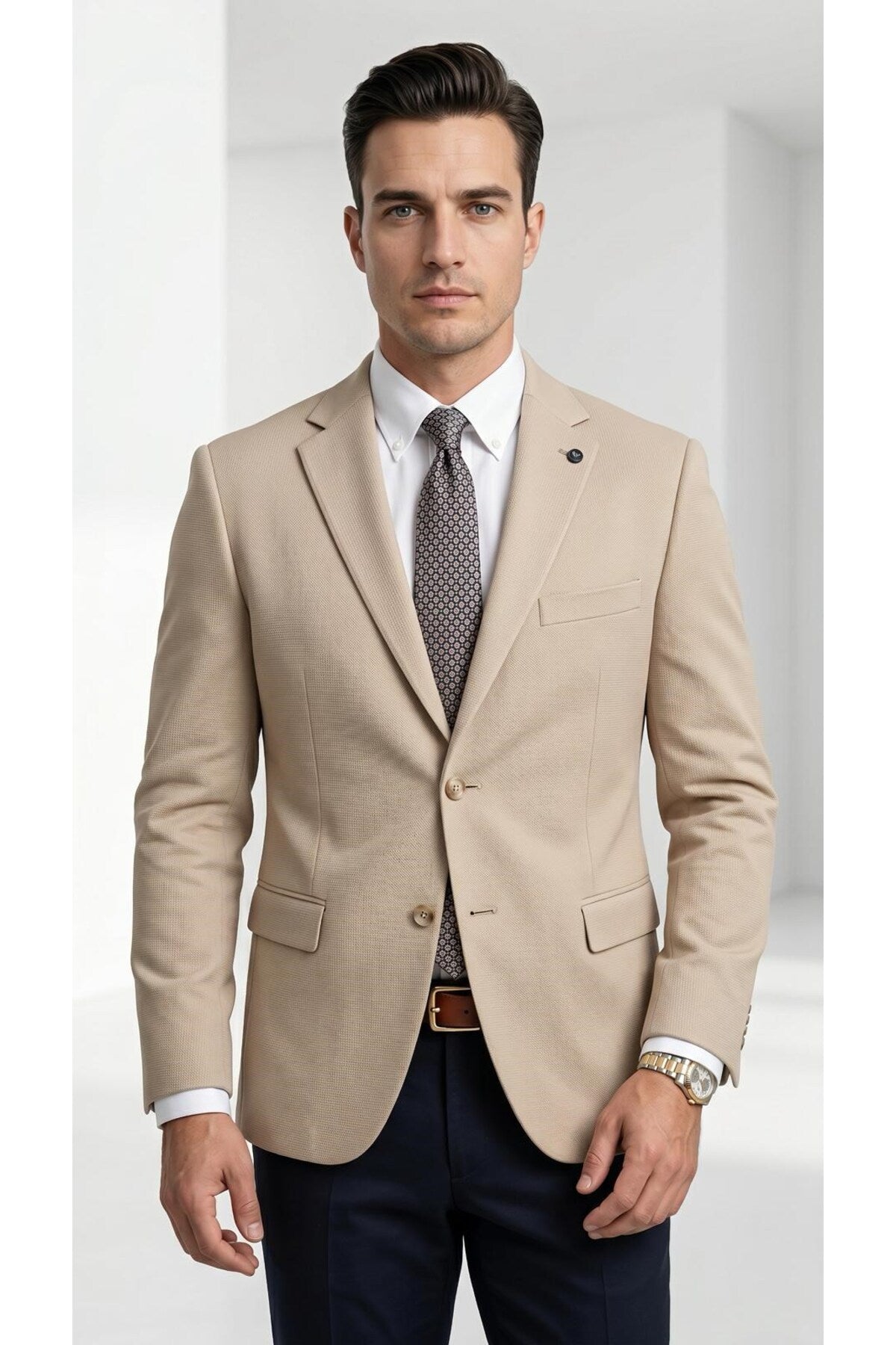 Slim Fit Mikro Desenli Erkek Ceket Yazlık Pike Kumaş Çift Yırtmaç Blazer - Bej