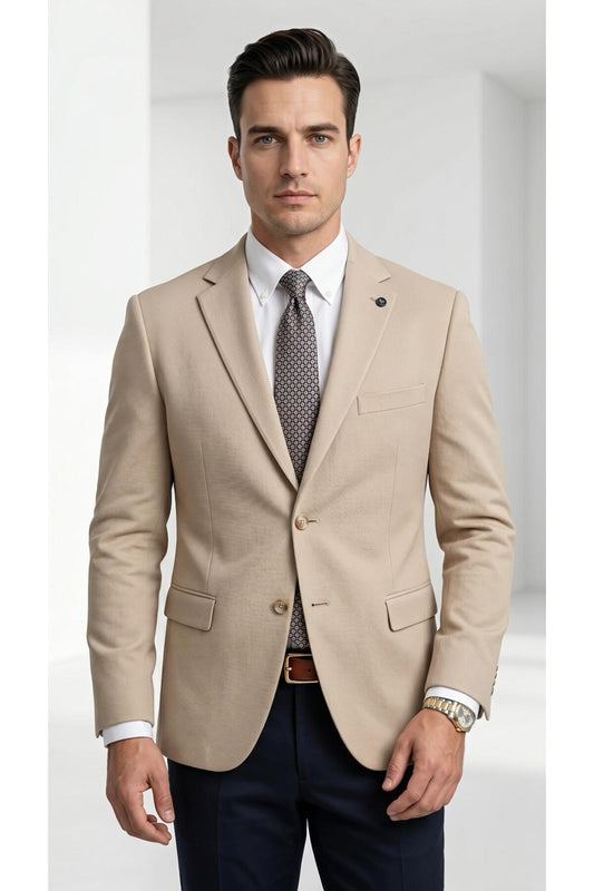 Slim Fit Mikro Desenli Erkek Ceket Yazlık Pike Kumaş Çift Yırtmaç Blazer - Bej