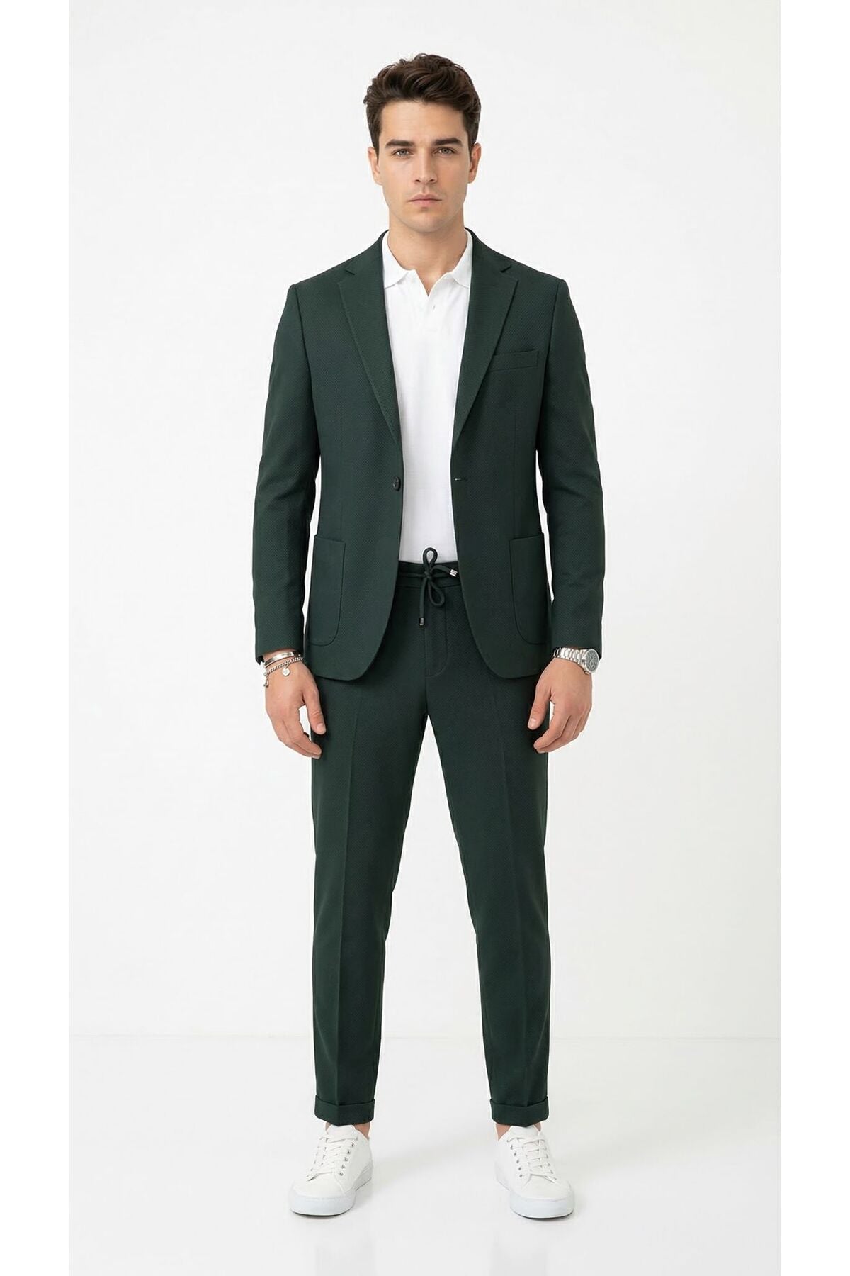 Pike Kumaş Jogger Pantolonlu Erkek Takım Elbise – Torba Cepli Tek Düğme Slim Fit Kombin - Yeşil