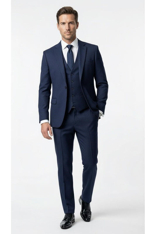 Erkek Klasik Slim Fit Armürlü Kumaş Tek Düğmeli Çift Yırtmaçlı Klasik Yaka Takım Elbise 7 Drop - Lacivert