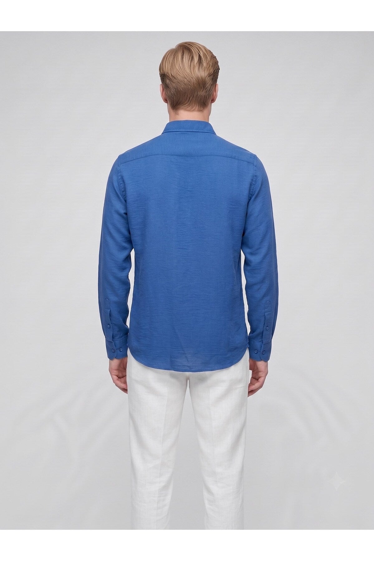 Erkek Keten Müslin Gömlek – Slim Fit Düğmeli Yaka Uzun Kollu Yazlık Gömlek - Mavi