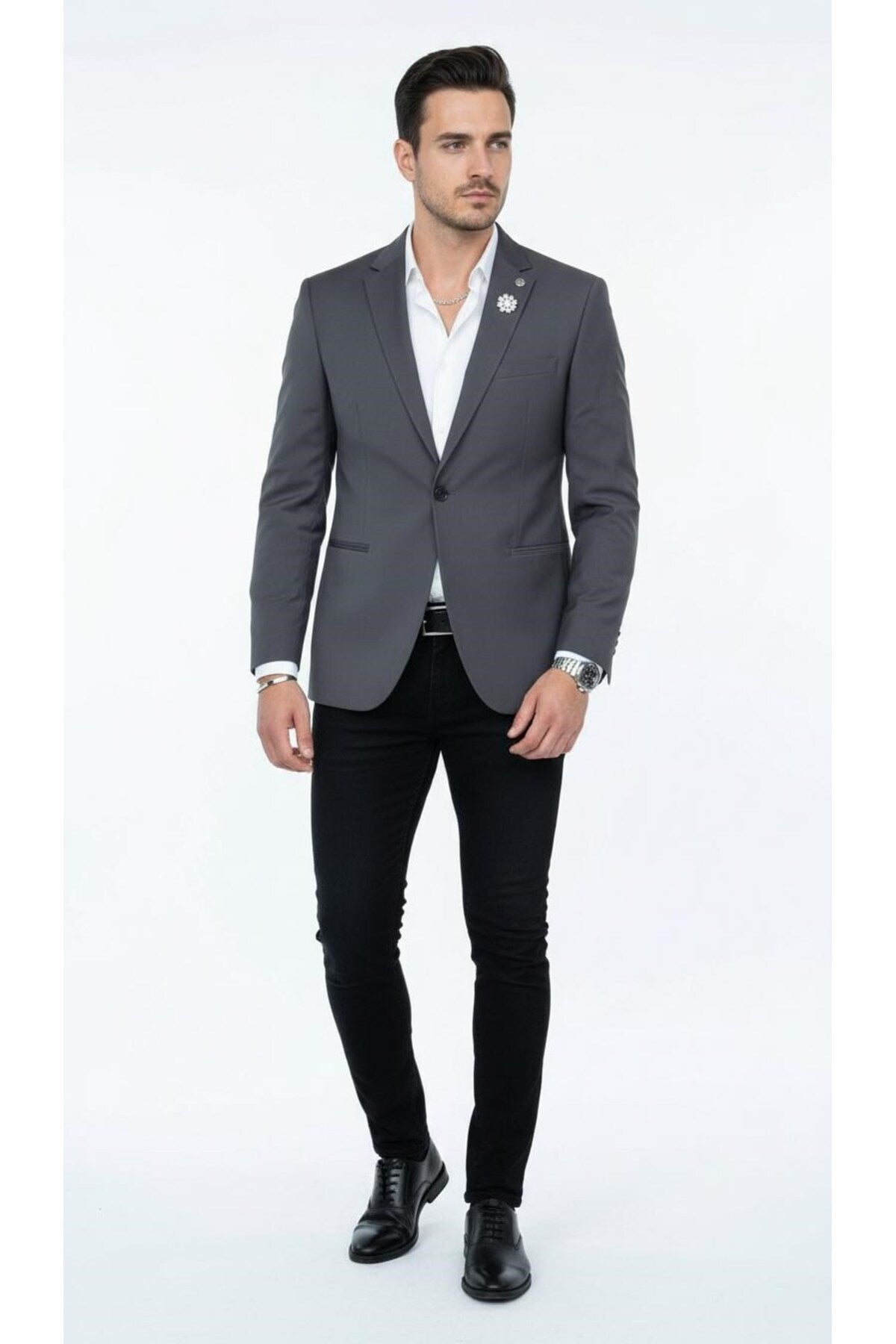 Erkek Mono Yaka Tek Düğmeli Çift Yırtmaçlı Blazer Ceket – Premium Dokuma Kumaş, 8 Renk - Gri