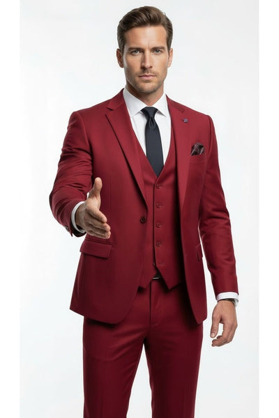 Erkek 3 Parça Slim Fit Takım Elbise –Klasik Likralı Kumaş, Tek Düğme, Çift Yırtmaçlı Modern Kesim ( - Bordo