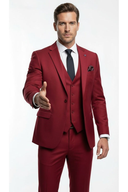 Erkek 3 Parça Slim Fit Takım Elbise –Klasik Likralı Kumaş, Tek Düğme, Çift Yırtmaçlı Modern Kesim ( - Bordo