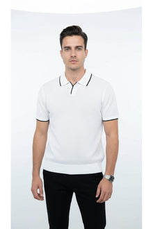 Erkek Pike Dokulu Triko Polo Yaka Tişört Slim Fit Şerit Detaylı Yazlık Model - Beyaz