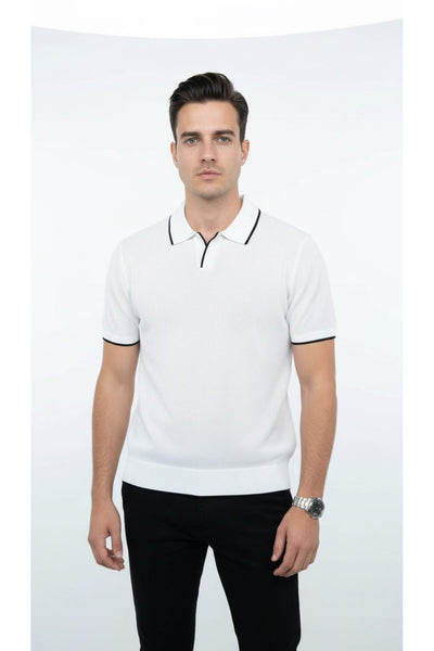 Erkek Pike Dokulu Triko Polo Yaka Tişört Slim Fit Şerit Detaylı Yazlık Model - Beyaz
