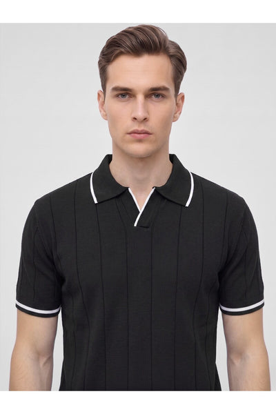 Erkek Polo Yaka Triko Kısa Kollu T-Shirt - Siyah