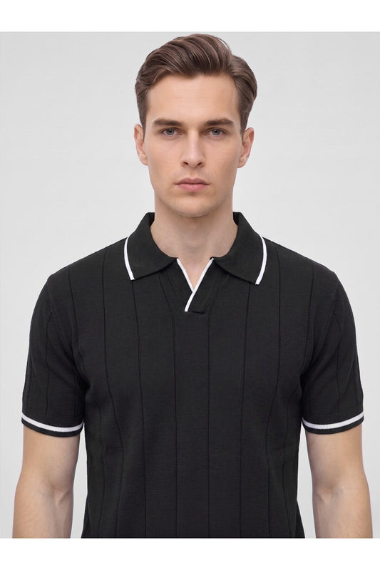 Erkek Polo Yaka Triko Kısa Kollu T-Shirt - Siyah
