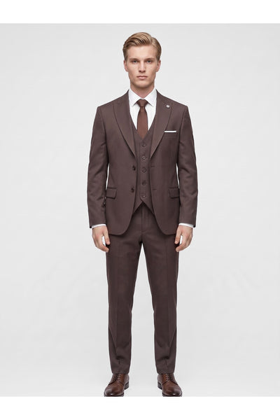 Erkek 3 Parça Slim Fit Çift Yırtmaçlı Takım Elbise Yelekli Şık Klasik Takım 6 Drop - Kahverengi