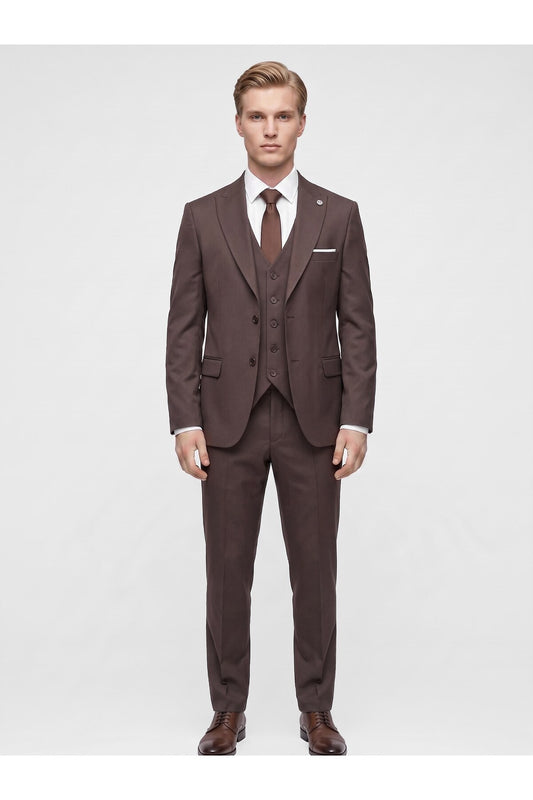 Erkek 3 Parça Slim Fit Çift Yırtmaçlı Takım Elbise Yelekli Şık Klasik Takım 6 Drop - Kahverengi