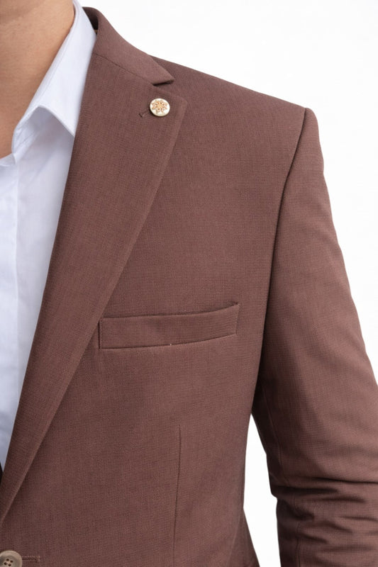 Erkek Slim Fit Çift Düğme Çift Yırtmaçlı Blazer Ceket – Premium Dokulu Kumaş - Kahverengi