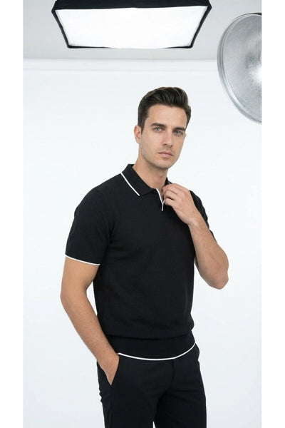 Erkek Pike Dokulu Triko Polo Yaka Tişört Slim Fit Şerit Detaylı Yazlık Model - Siyah