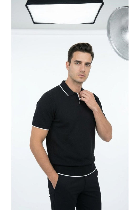 Erkek Pike Dokulu Triko Polo Yaka Tişört Slim Fit Şerit Detaylı Yazlık Model - Siyah