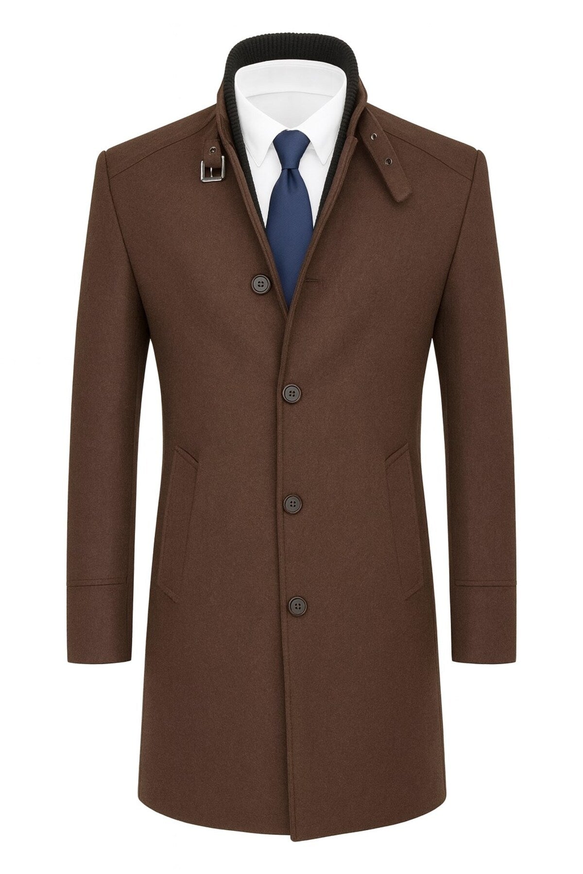 Erkek Slim Fit Kaşe Kaban – Çıkarılabilir Ribanalı Fermuarlı Yaka, S–XXL - Kahverengi
