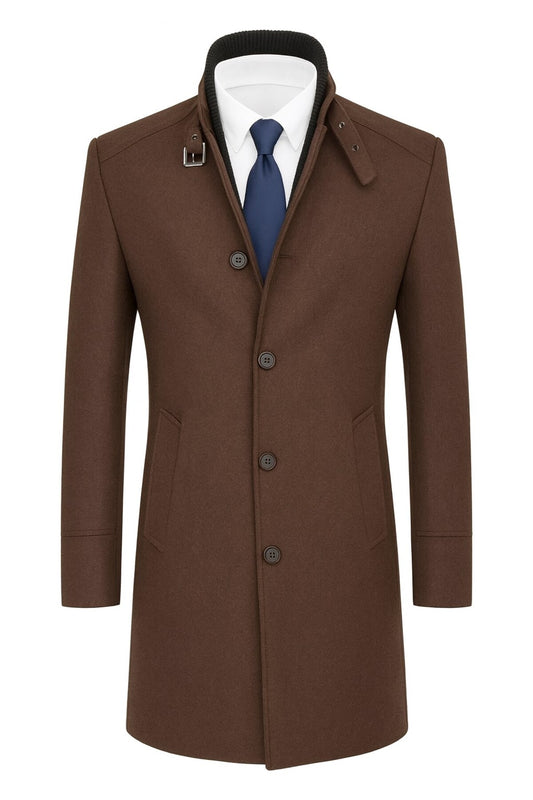 Erkek Slim Fit Kaşe Kaban – Çıkarılabilir Ribanalı Fermuarlı Yaka, S–XXL - Kahverengi