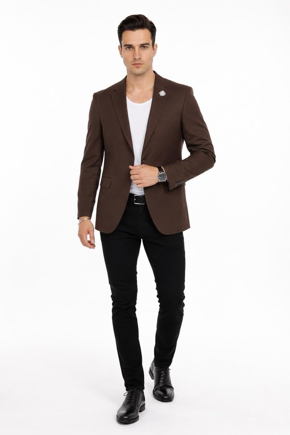 Erkek Mono Yaka Tek Düğmeli Çift Yırtmaçlı Blazer Ceket – Premium Dokuma Kumaş, 8 Renk - Kahverengi