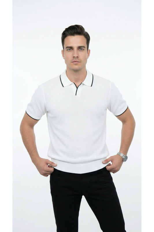 Erkek Pike Dokulu Triko Polo Yaka Tişört Slim Fit Şerit Detaylı Yazlık Model - Beyaz