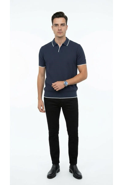 Erkek Pike Dokulu Triko Polo Yaka Tişört Slim Fit Şerit Detaylı Yazlık Model - Lacivert