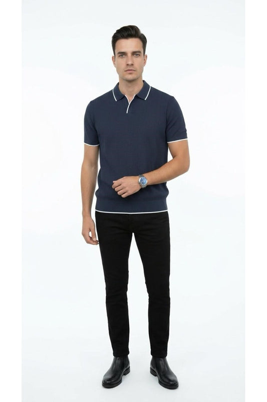 Erkek Pike Dokulu Triko Polo Yaka Tişört Slim Fit Şerit Detaylı Yazlık Model - Lacivert
