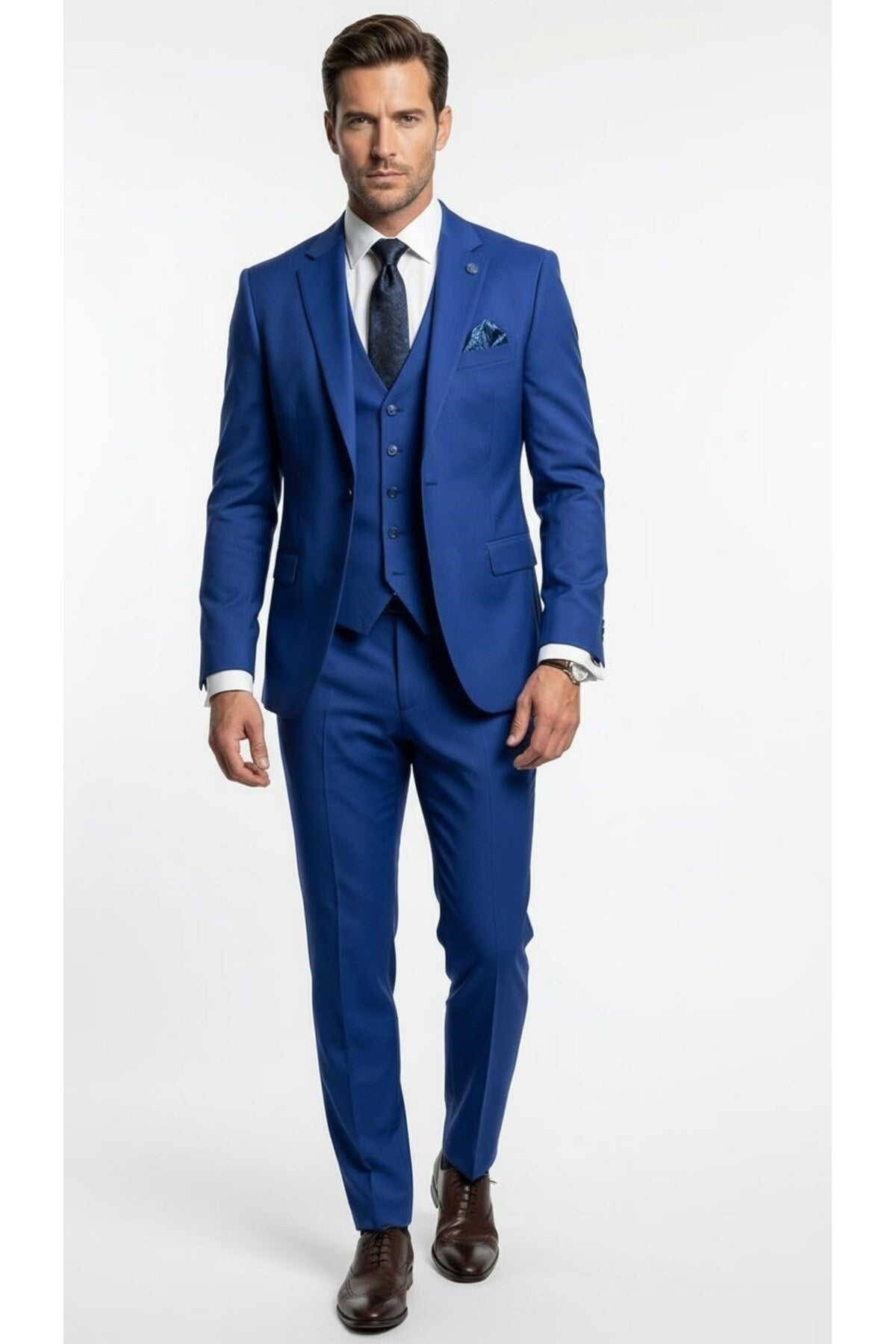 Erkek 3 Parça Slim Fit Takım Elbise –Klasik Likralı Kumaş, Tek Düğme, Çift Yırtmaçlı Modern Kesim ( - Mavi