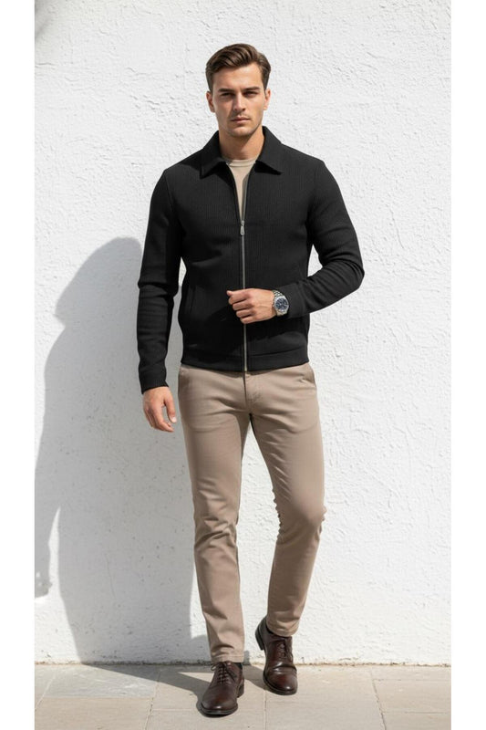 Slim Fit Fitilli Dokulu Erkek Fermuarlı Mont Ceket Günlük Şık Kombin - Siyah