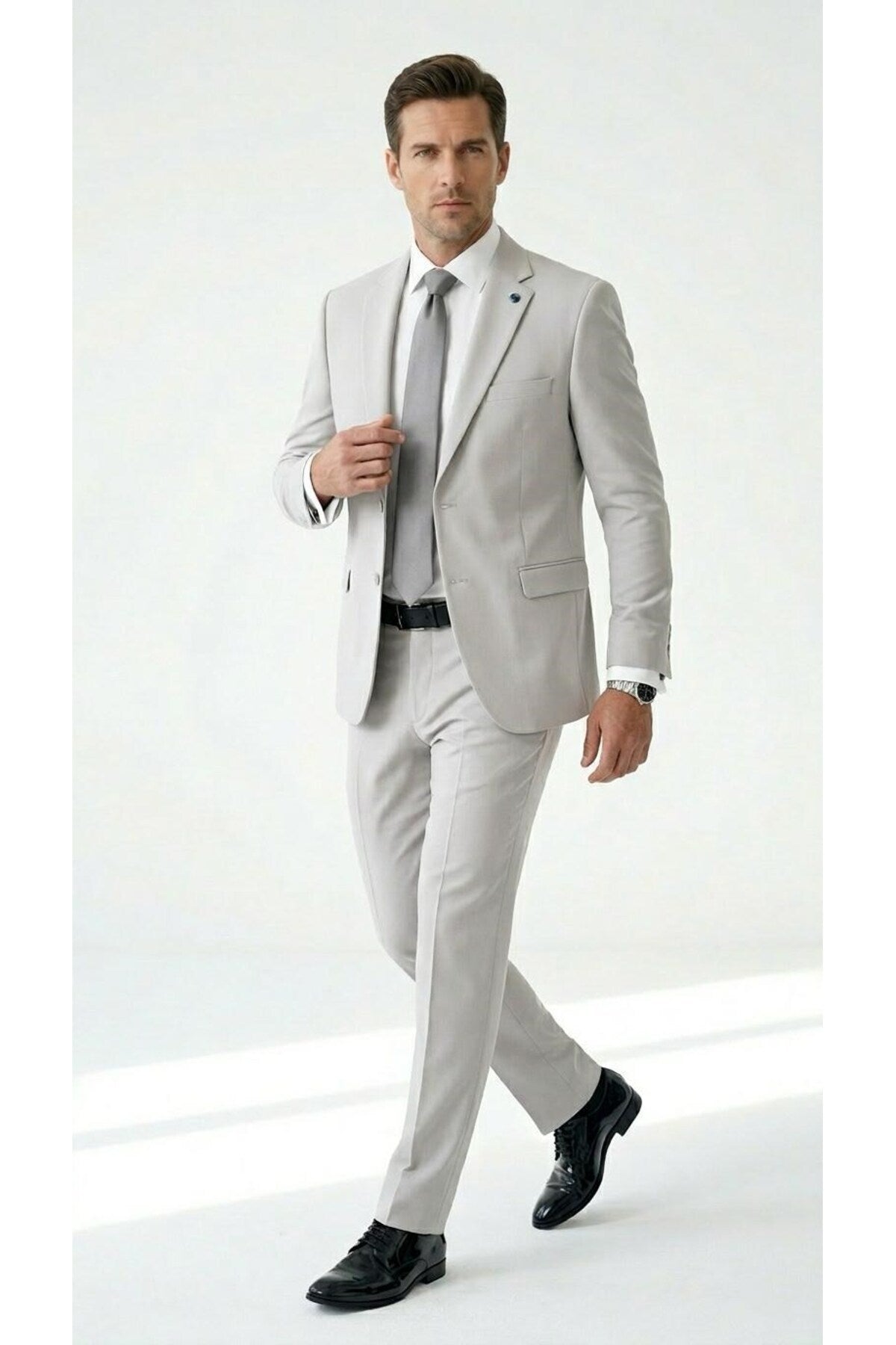 Erkek Klasik 2’li Takım Elbise 2 Düğmeli Slim Fit Esnek Kumaş Çift Yırtmaçlı 7 Drop - Gri