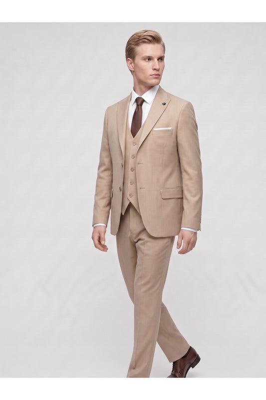 Erkek 3 Parça Slim Fit Çift Yırtmaçlı Takım Elbise Yelekli Şık Klasik Takım 6 Drop - Bej