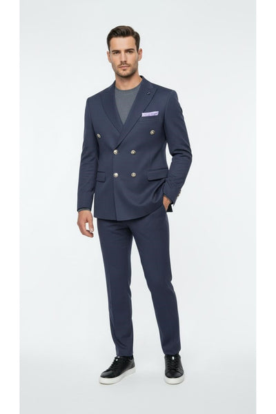 Erkek Kruvaze Gold Düğmeli Dokulu Likralı Kumaş Blazer Ceket – Modern Kesim Şık Tasarım - Lacivert
