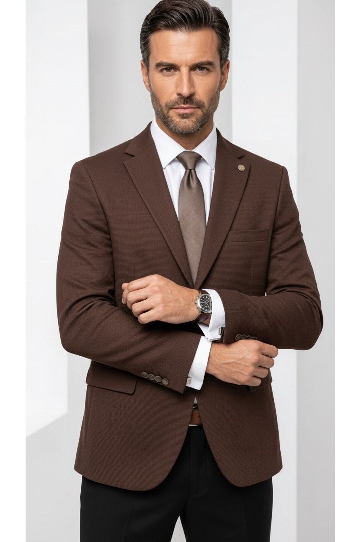 Erkek Slim Fit Çift Düğme Çift Yırtmaçlı Blazer Ceket – Premium Dokulu Kumaş - Kahverengi