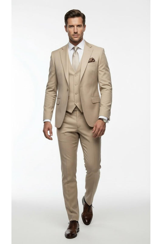 Erkek 3 Parça Slim Fit Takım Elbise –Klasik Likralı Kumaş, Tek Düğme, Çift Yırtmaçlı Modern Kesim ( - Bej