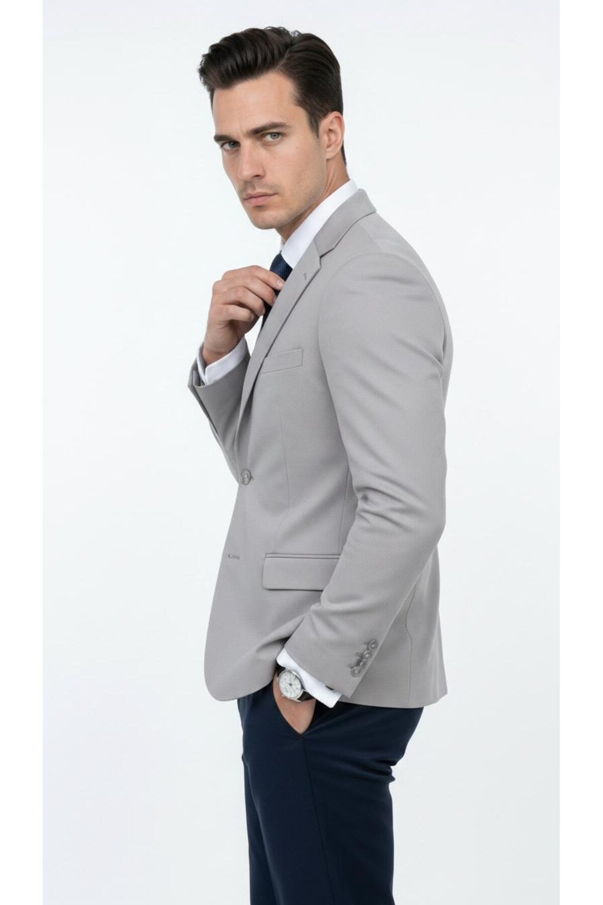 Slim Fit Mikro Desenli Erkek Ceket Yazlık Pike Kumaş Çift Yırtmaç Blazer - Gri